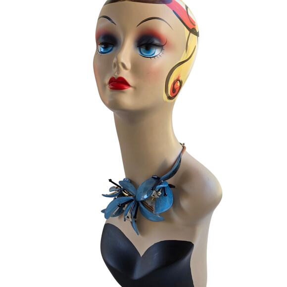 Blue Orchid Floral Statement Necklace – Chunky Movable Petals Adjustable - Picture 9 of 16